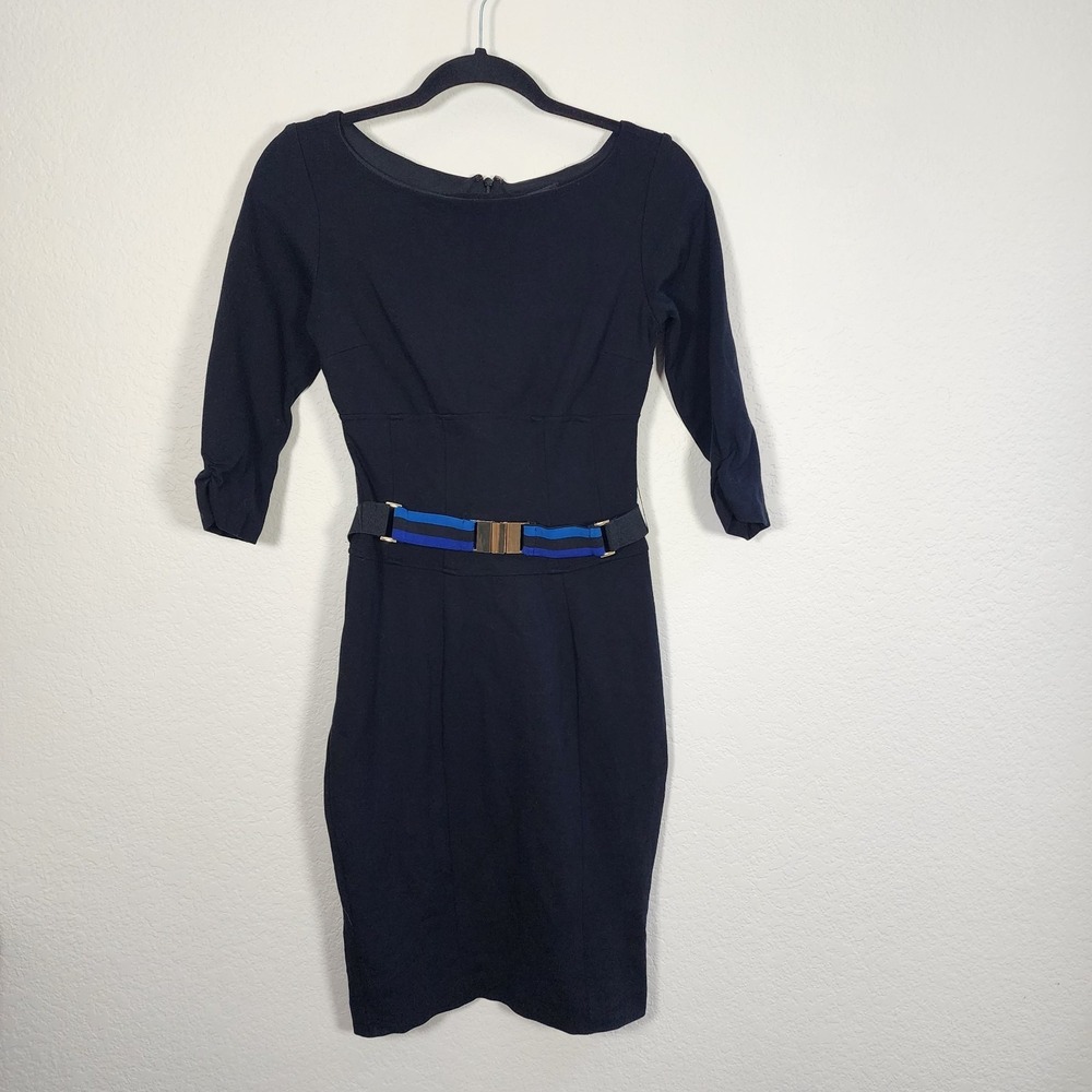 Cache Contour Collection Black Shift Dress 3/4 Sleeve Blue Belt Sz 2 Made in USA